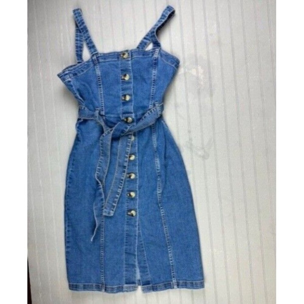 H&M Divided Size 6 Womens Denim Jean Dress Spagetti Straps Belt Waist Button